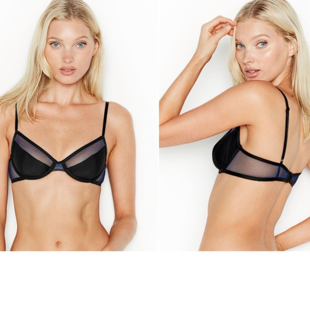 VS 32D Very Sexy Unlined Mesh Demi Bra NWT Black Ensign Heather